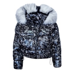 Дамско късо пухено яке с качулка, City Angels Jeans, Черно бял лак, 6848